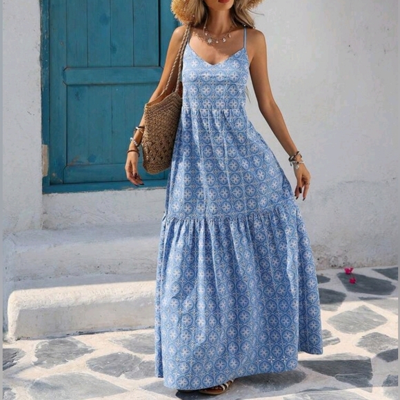 Boutique Dresses & Skirts - NEW Flowy Embroidered Eyelet Lace Tiered Cami Maxi Dress Blue White